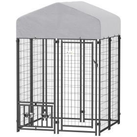 Welded Wire Outdoor Dog Kennel with 360 Rotating & 4 Levels Adjustable Bowls, Waterproof Cover, 3.9' x 3.9' x 6'