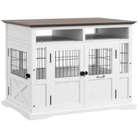 Dog Kennel Furniture Side End Table with Storage, Double Doors for Small and Medium Dogs, White