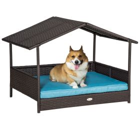 Elevated Wicker Dog House Indoor Outdoor Raised Rattan Bed Blue Removable Cushion